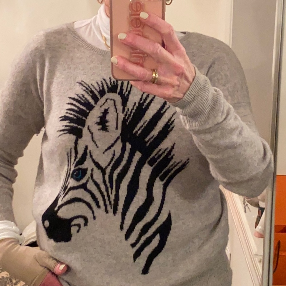 Comfy cashmere sweater with blue eyed zebra on it.